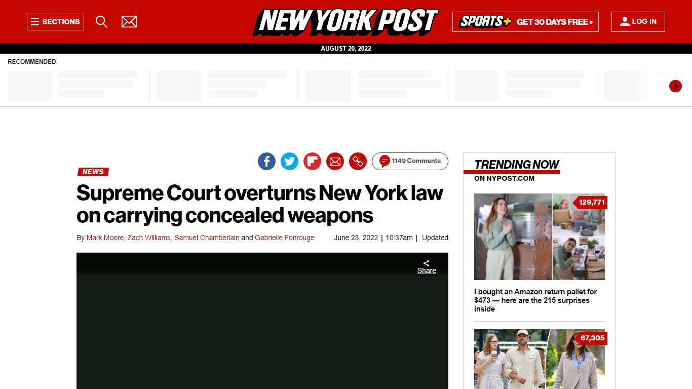 Supreme Court overturns NY law on carrying concealed weapons